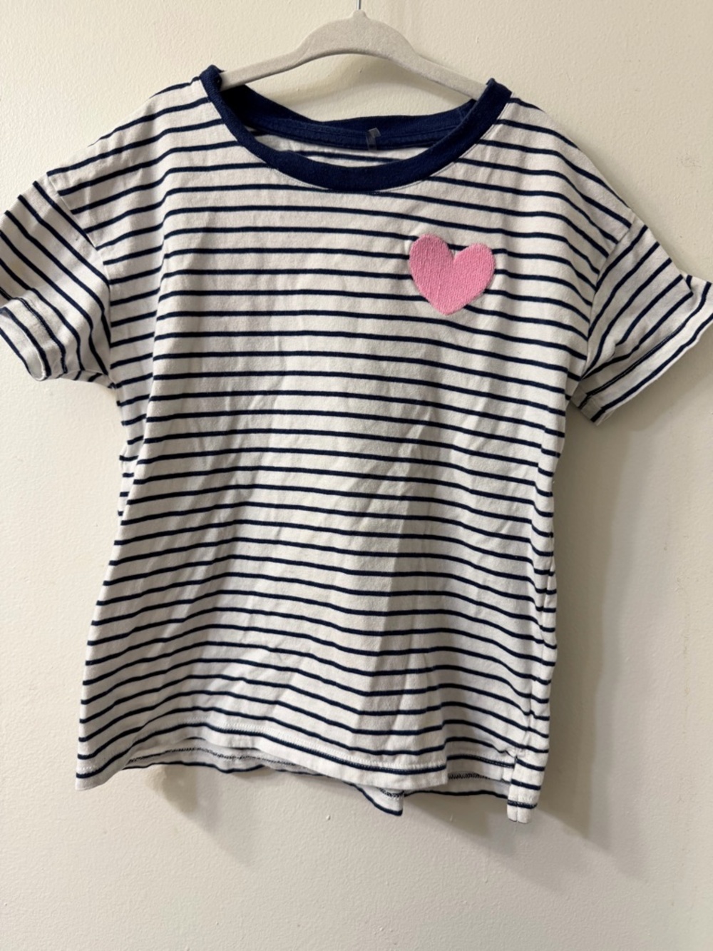 Navy Stripe Short Sleeve Tee with Pink Heart Patch